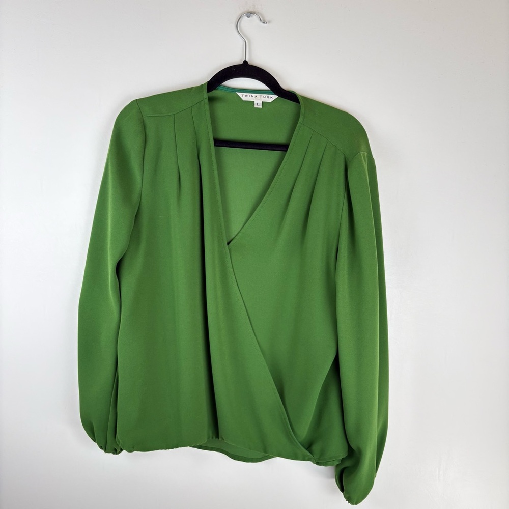 Trina Turk Womens Size Large Faux Wrap Blouse Top V Neck Long Sleeve Green